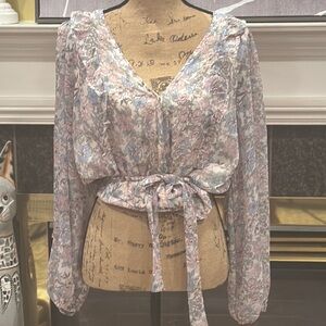 Cream Ruffled Tie Front Long Sleeve Blouse